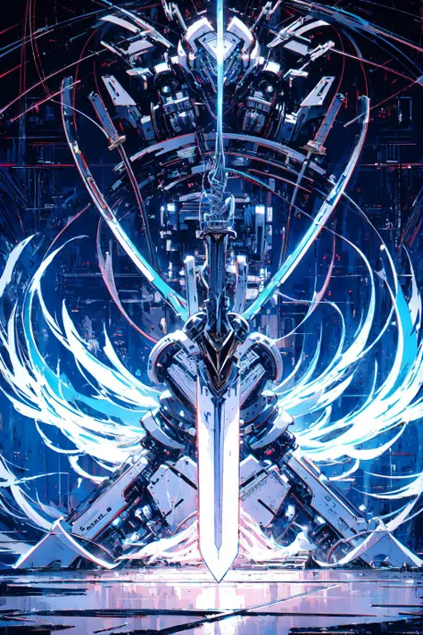 (giant mechanical wings:1.4) ,(1 robot girl,glowing robot eyes:1.5),(giant mechanical weapon:1.4) ,
ultra high res, <lora:cybersamuraiV2E12:0.8> (holding weapon, holding sword:1.3), glowing,
extremely detailed CG unity 16k wallpaper,backlight,(masterpiece, best quality, ultra detailed, hyper realistic, photo), delicate pattern, detailed background, super fine concept art,(darkness:1.4), dynamic lighting, faint light,high-contrast, (mysterious:0.8),ethereal, truth,decadent style,
ultra detailed illustration,
