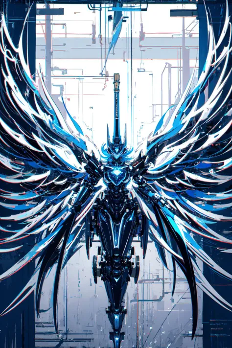 extremely detailed CG unity 16k wallpaper,backlight,(masterpiece, best quality, ultra detailed, hyper realistic, photo), delicate pattern, detailed background, super fine concept art,(darkness:1.4), dynamic lighting, faint light,high-contrast, (mysterious:0.8),ethereal, truth,
ultra detailed illustration,
(giant mechanical wings:1.4) ,(1 robot girl:1.5),(giant mechanical weapon:1.4) ,
ultra high res, <lora:cybersamuraiV2E12:0.8> holding weapon, holding sword, glowing,