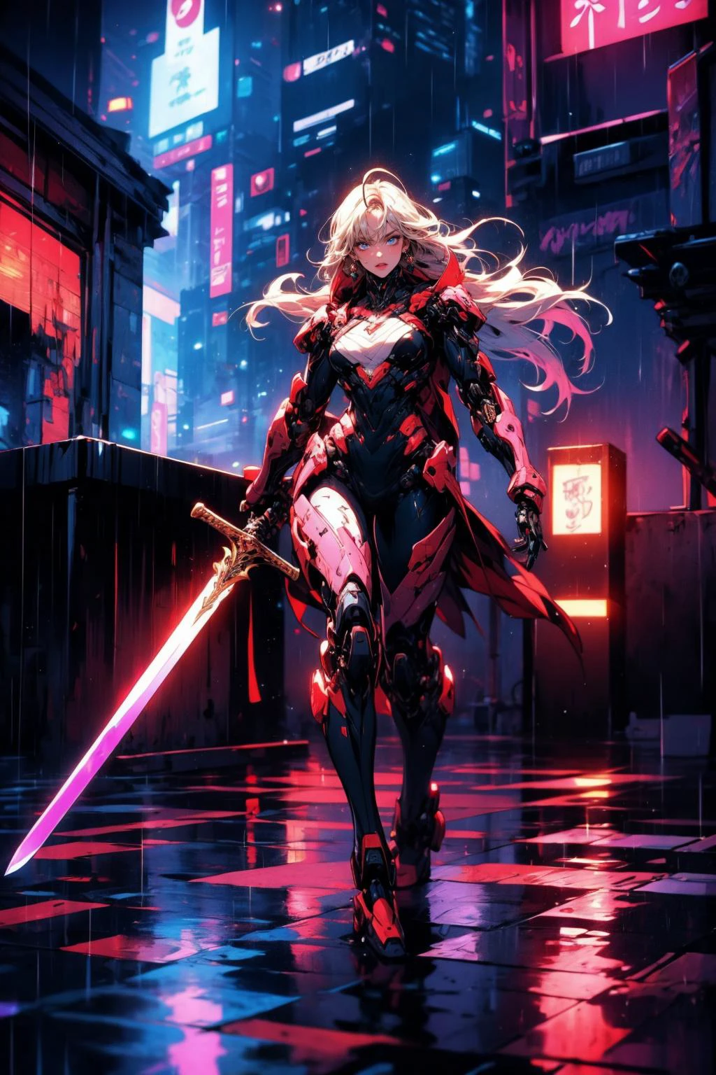 (masterpiece:1.4), (intricate:1.2), (detailed:1.2), (vibrant colors:1.2), BREAK,
(cyberpunk:1.0), (neon:1.0), (glowing:1.0), BREAK,
(solo:1.2), (full body:1.0), (dynamic pose:1.1), (female:1.0), (cybersamurai:1.0), (long hair:1.0), (mecha:1.0), (mechanical antennae:1.0), (holding sword:1.0), <lora:cybersamuraiV2E12:0.6>, BREAK,
(night:1.2), (rooftop:1.2), (wet floor:1.0), (heavy rain:1.0)
