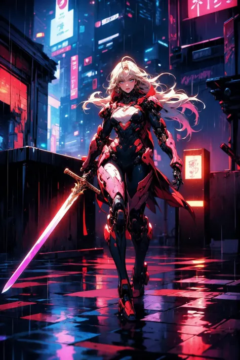 (masterpiece:1.4), (intricate:1.2), (detailed:1.2), (vibrant colors:1.2), BREAK,
(cyberpunk:1.0), (neon:1.0), (glowing:1.0), BREAK,
(solo:1.2), (full body:1.0), (dynamic pose:1.1), (female:1.0), (cybersamurai:1.0), (long hair:1.0), (mecha:1.0), (mechanical antennae:1.0), (holding sword:1.0), <lora:cybersamuraiV2E12:0.6>, BREAK,
(night:1.2), (rooftop:1.2), (wet floor:1.0), (heavy rain:1.0)