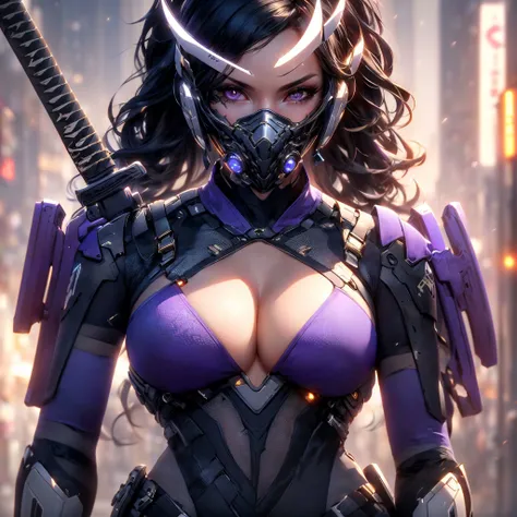 Super realistic, hyper realistic, super detailed, (cybersamurai, long hair, purple eyes, black hair, cleavage, medium breasts, upper body, horns, armor, blurry, clothing cutout, mask, blurry background, cleavage cutout, science fiction, mouth mask, cyborg, cyberpunk, katana on back, katana handle sticking out behind back:1.3) (glowing simple black background:1.25), <lora:cybersamuraiV2E12:1>, <lora:add_detail:0.3>
