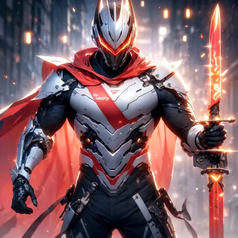 Super realistic, hyper realistic, super detailed, (cybersamurai, 1boy, ((solo)), holding red weapon, wearing white armor and mask, cape, glowing beautiful red eyes, glow:1.3) (glowing simple black background:1.25), <lora:cybersamuraiV2E12:1>, <lora:add_detail:0.3>