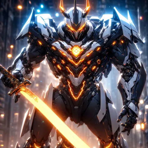 Super realistic, hyper realistic, super detailed, (cybersamurai, standing, male focus, horns, holding weapon, armor, glowing, holding sword, helmet, robot, mecha, science fiction, energy sword, red armor, neon lights:1.3) (glowing simple black background:1.25), <lora:cybersamuraiV2E12:1>, <lora:add_detail:0.3>