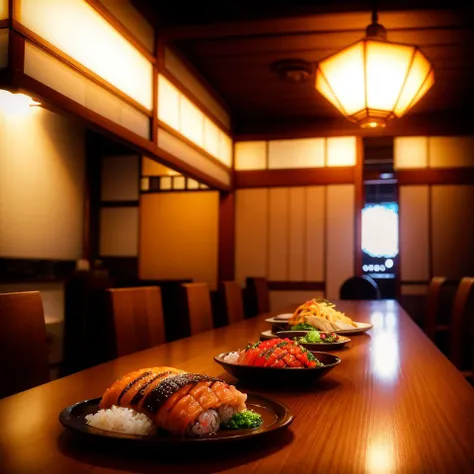 plates full of traditional japanese cuisine, traditional japanese restaurant, table, cinematic, glowing light, shine, amazing contrast