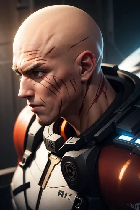 ultra detailed 8k qhd hdr render, strongman, cyborg, neon, bald, scars