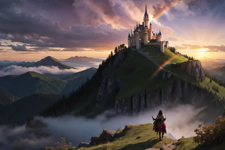 epic cinematic fantasy landscape, sunset, rainbow, castle, beautiful, gorgeous, stars, clouds, mountains