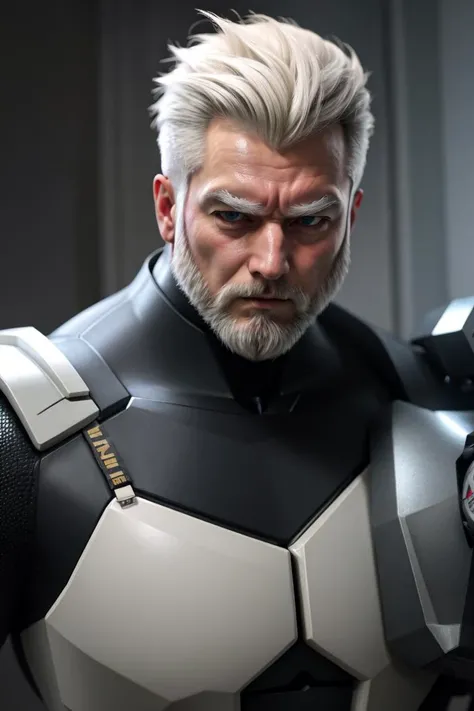 cinematic, old man, white hair, beard, brutal expression, muscular, (robot parts:1.2)