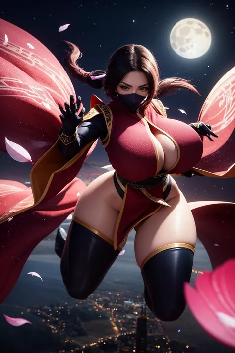 ultra detailed 8k qhd hdr render, a beautiful girl, (ninja:1.2), covered mouth, kimono, gigantic breasts, wide hips, bodysuit, dynamic pose, spinning, flying, from above, in mid-air, japanese, petals, feathers, night, stars, full moon, scenery