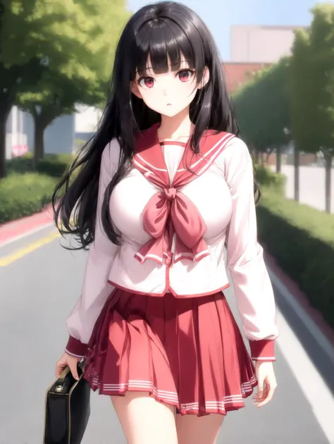 absurdres, highres, ultra detailed, cowboy shot, solo, megami magazine,
1girl, mature female, THserafuku, pleated skirt, blunt bangs, black hair, long hair, red eyes, white skin, large breasts, school bag, walking, :o,
outdoors, morning, ray tracing, depth of field, perfect hands,
<lora:THserafuku_v13:1>
<lyco:envybetterhandsLocon_beta2:1.0>
<lora:flat2:-0.5> <lora:flatBG:1> <lora:silhouette_v10:-0.6>