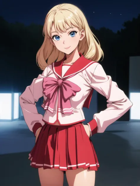 absurdres, highres, 1990s \(style\), cowboy shot, solo, from bellow,
1girl, THserafuku, pleated skirt, blonde hair, blue eyes, gyaru, standing, smile, looking at viewer, shiny hair, shiny skin, hands on hips,
night, outdoors, depth of field, perfect hands,
<lora:THserafuku_v13:1>
<lyco:envybetterhandsLocon_beta2:1>
<lora:flat2:-0.5> <lora:flatBG:1>