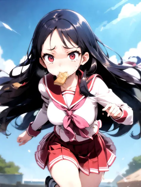 absurdres, highres, ultra detailed, cowboy shot, solo, megami magazine, diagonal view,
1girl, mature female, THserafuku, pleated skirt, forehead, black hair, long hair, red eyes, large breasts, bouncing breasts, disheveled hair, bouncing hair, holding bag, school bag, (running:1.2), tears, teardrop, sweat, (food in mouth :1.3), food, (bread slice:1.4), hawawa, flying sweatdrops, flying teardrops, wristwatch,
(motion blur, motion lines:1.3), manga, dynamic angle, dynamic pose, fisheye,
outdoors, morning, ray tracing, depth of field, perfect hands,
<lora:THserafuku_v13:1>
<lyco:envybetterhandsLocon_beta2:0.9>
<lora:flat2:-0.5> <lora:flatBG:1> <lora:silhouette_v10:-0.6> <lora:hawawa:0.8>