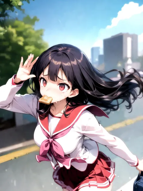 absurdres, highres, ultra detailed, cowboy shot,  solo, megami magazine, diagonal view, 
1girl, mature female, THserafuku, pleated skirt, blunt bangs, black hair, long hair, red eyes, bouncing breasts, disheveled hair, bouncing bair, holding bag, (running:1.2), tears, teardrop, sweat, (food in mouth, bread slice eating with no hand:1.3), hawawa, flying sweatdrops, flying teardrops, 
(motion blur, motion lines:1.1), manga, dynamic angle, dynamic pose, fisheye, 
outdoors, morning, ray tracing, depth of field, perfect hands, 
<lora:THserafuku_v13:1> 
<lyco:envybetterhandsLocon_beta2:0.6> 
<lora:flat2:-0.5> <lora:flatBG:1> <lora:silhouette_v10:-0.6> <lora:hawawa:0.8>