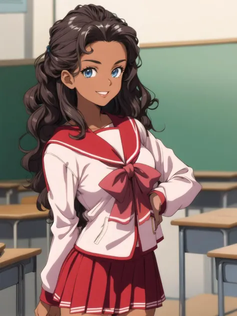 masterpiece, best quality, 1990s \(style\),  cowboy shot,  solo, 
1girl, mature female, THserafuku, pleated skirt, brown hair, wavy hair, blue eyes,  dark skin,  tan, standing,  smile, looking at viewer,  bouncing hair, shiny hair, shiny skin,
classroom,  depth of field, perfect hands,
<lora:THserafuku_v13:1>
<lyco:envybetterhandsLocon_beta2:1>
<lora:flat2:-0.5> <lora:flatBG:1>