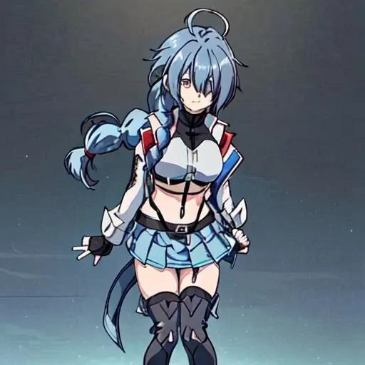 <lora:Chris_Crossange-10:1>Chris_Crossange, 1girl, solo, long hair,navel, brown eyes, blue hair, jacket, braid, ahoge, boots, midriff, miniskirt, fingerless gloves, black footwear, mole, hair over one eye, blue skirt, crop top, mole under eye, single braid, suspenders, hair over shoulder, braided ponytail