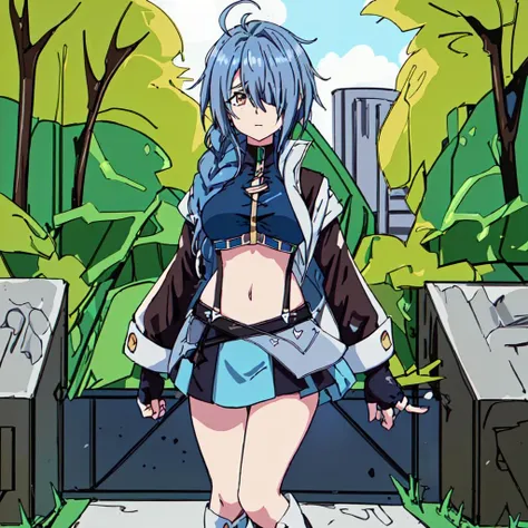 <lora:Chris_Crossange-10:1>Masterpeace,high quality,outdoor,Chris_Crossange, 1girl, solo, long hair,navel, brown eyes, blue hair, jacket, braid, ahoge, boots, midriff, miniskirt, fingerless gloves, black footwear, mole, hair over one eye, blue skirt, crop top, mole under eye, single braid, suspenders, hair over shoulder, braided ponytail