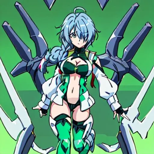 <lora:Chris_Crossange-10:1>Chris_Crossange, 1girl, solo, long hair, thighhighs, navel, cleavage, medium breasts, underwear, blue hair, braid, ahoge, boots, fingerless gloves, hair over one eye, black panties, clothing cutout, single braid, bodysuit, white footwear, green gloves