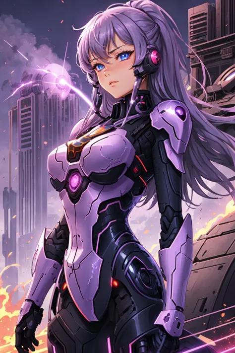 glowing purple, <lora:Glowing-Purple-V1:1>, masterpiece, best quality, mecha, no humans, black armor, blue eyes, science fiction, fire, laser canon beam, war, conflict, destroyed city background