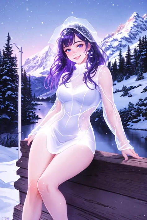 glowing purple, <lora:Glowing-Purple-V1:1>, close-up portrait of beautiful smiling woman with freckles, snow-covered mountain, full body, 16mm, 35mm, vivid colors, high quality, white balance, kodak film, high detail