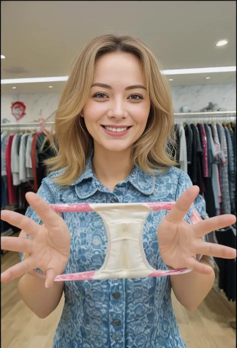 (40  years old sales clerk at shoppingmall), prensentingpanties, panties, holding, holding panties, <lora:presentingpanties:1.2>, blonde, blue eyes, bob  , shopping mall, shop staff, sales woman,  smiling, flat chest,  detailed texture, detailed hair, realistic hair,smiling, happy, super realistic person, RAW photo, real person:1.2, photorealistic, smiling, happy, lucky, shiny skin, Canon EOS 5D 300 mm F/2.8, HDR, ((masterpiece, best quality)), highly detailed, intricate detail,masterpiece,ultra-detailed:1.2, insanely realistic,  open eyes, panty stain:1.2, pee stain:1.2,  <lora:pantyStain:1.2>,