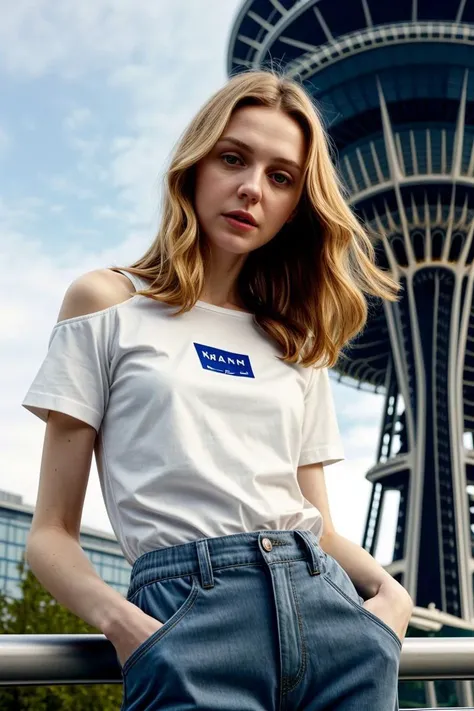 <lora:kawaii7.1.3_obj20:0.75:0.25>, European woman, closeup, (shirt), pants, (seattle space needle), (), ZM_lisa, wide shoulders, perfect face, (contact iris: 1.1), pale skin, skin pores , depth of field