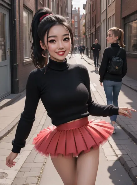 beautiful woman wearing a pastel red (tutu skirt), <lora:tutu_skirt-SD-1.0:0.8>,
coy smile, looking at viewer,
(black hair High Ponytail),
turtleneck sweater,
small breasts,
dutch angle,
(vintage brick street),
running,