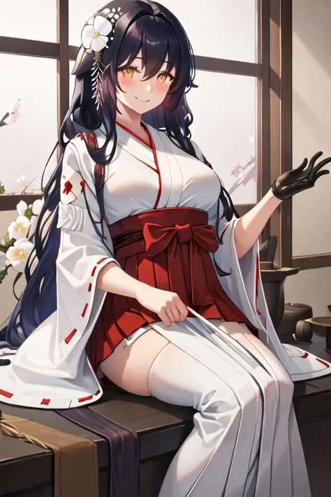 best quality, masterpiece, highres, solo, {white kimono:1.35}, {red hakama:1.35}, {wide sleeves:1.20}, {azuma_azurlane:1.15}, long_hair, breasts, hair_ornament, large_breasts, black_hair, hair_between_eyes, blush, yellow_eyes, bangs, flower, hair_flower, smile, very_long_hair