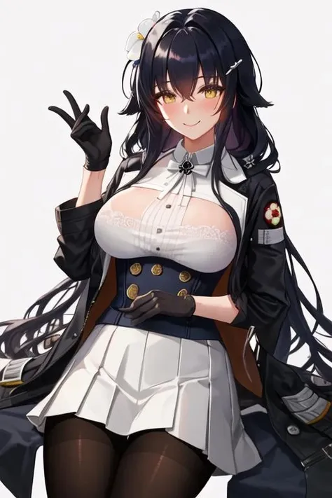 best quality, masterpiece, highres, solo, {azuma_azurlane:1.15}, long_hair, breasts, hair_ornament, large_breasts, black_hair, hair_between_eyes, blush, yellow_eyes, bangs, flower, hair_flower, smile, very_long_hair, 1girl, black_gloves, gloves, jacket_on_shoulders, skirt, hairclip, jacket, looking_at_viewer, pantyhose, simple_background, white_background, black_pantyhose, half_gloves, pleated_skirt, sitting