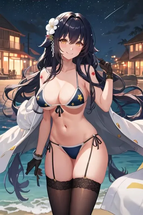 best quality, masterpiece, highres, solo, {night:1.10}, {starry sky:1.10}, beach, beautiful detailed sky, {extremely detailed background:1.20}, {azuma_azurlane:1.15}, {standing:1.10}, looking at viewer, {bikini:1.30}, long_hair, breasts, hair_ornament, large_breasts, black_hair, hair_between_eyes, blush, yellow_eyes, bangs, flower, hair_flower, smile, very_long_hair, light smile
