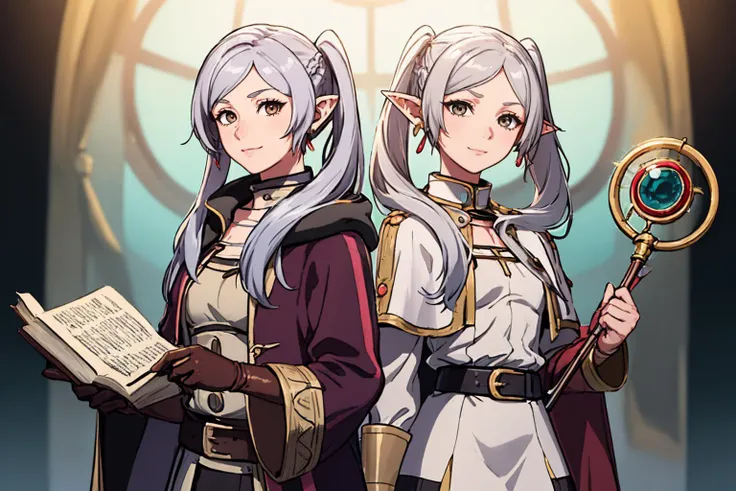 (masterpiece, best quality:1.1), cowboy shot, 2girls, looking at viewer, twintails BREAK
1girl, robin \(fire emblem\), smile, holding book, brown eyes, robe, long sleeves, gloves, belt, <lora:fireemblem_robin_female:0.75> BREAK
1girl, FrierenBase, expressionless, closed mouth, holding staff, earrings, twintails, earrings, white capelet, striped shirt, white skirt, long sleeves, belt, black pantyhose <lora:Frieren:0.75>
