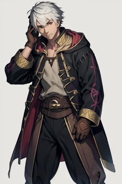 best quality, Mature male, Headshot, <lora:fireemblem_robin_male-11:.9> malerobin, brown eyes, wizard, robe, hood, pants, gloves