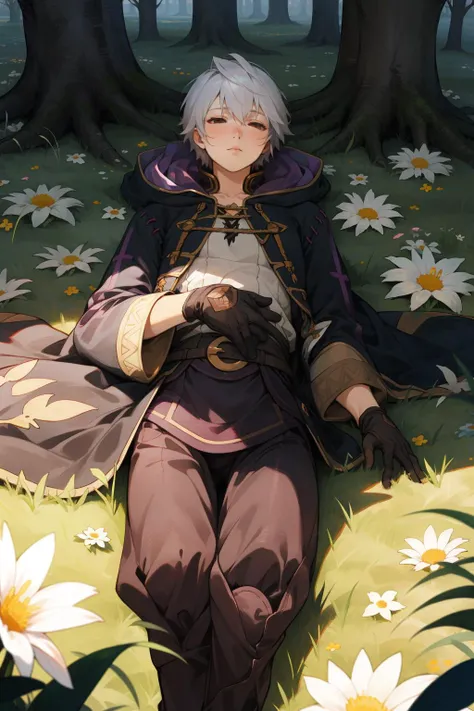 masterpiece, best quality, malerobin, hood, brown eyes, wizard, robe, pants, gloves, lying on back, lying on the ground, grass, sleeping, leaves, wind, flowers, tree <lora:fireemblem_robin_male-11:0.9>