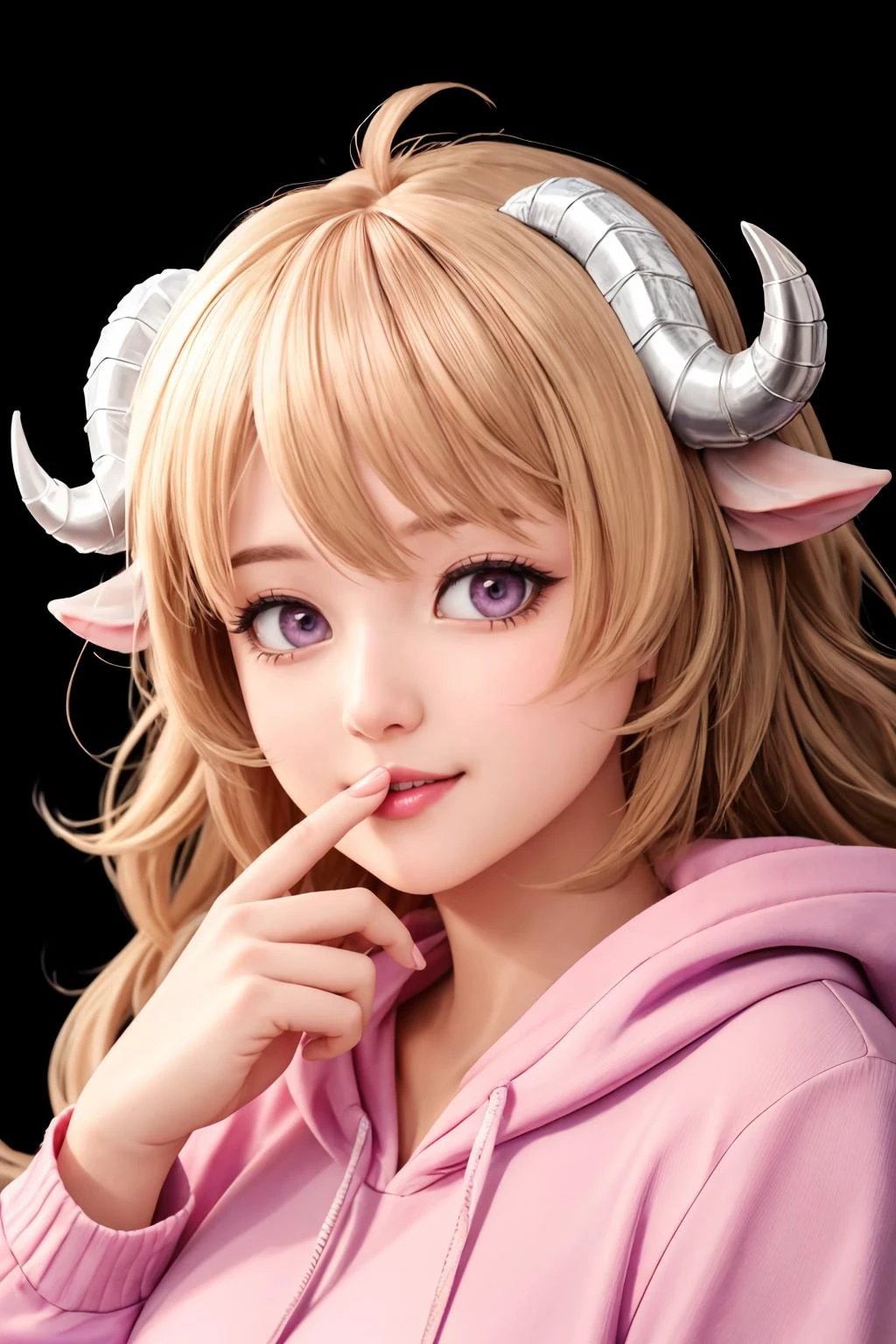ultra detailed, sharp focus, best quality, masterpiece, high contrast, dynamic lighting, <lora:CHAR-Eyjafjalla:0.8> Eyjafjalla, curled horns, ahoge, long hair, blond hair, lavender eyes, pink hoodie, pink lipstick, happy, medium shot, finger in mouth, best quality, masterpiece, intricate details