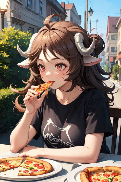 masterpiece, best quality, absurdres, Eyjafjalla, curled horns, ahoge, long hair, t-shirt, eating, table, upper body, pizza, happy, lamp, outdoors, street, lamppost, <lora:CHAR-Eyjafjalla:1>