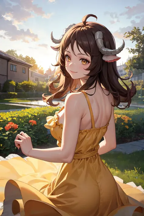 masterpiece, best quality, absurdres, Eyjafjalla, curled horns, ahoge, from behind, (yellow sundress), garden, day, sunshine, smile, looking back, <lora:CHAR-Eyjafjalla:1>