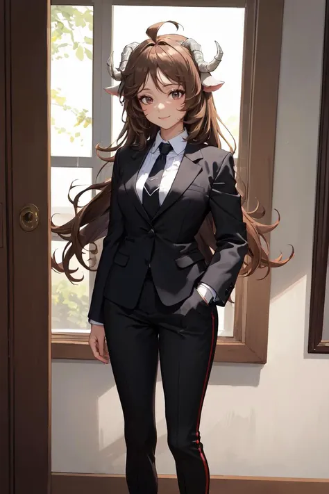 masterpiece, best quality, absurdres, Eyjafjalla, curled horns, ahoge, long hair, indoors, formal, standing, pant suit, suit, black jacket, black pants, necktie, smile, <lora:CHAR-Eyjafjalla:1>