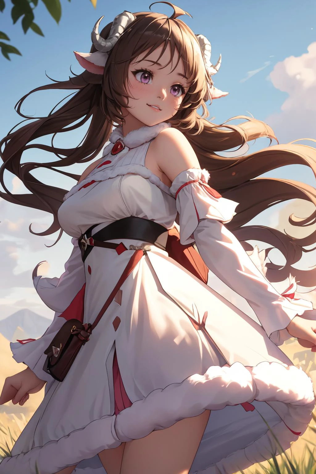 ultra detailed, sharp focus, best quality, masterpiece, colorful, <lora:WatameV4:0.3> Tsunomaki Watame, WatameBase, fur-trimmed dress, white dress, bare shoulders, fur-trimmed sleeves, cape, belt pouch, brooch, fur-trimmed boots <lora:Eyjafjalla:1.0> Eyjafjalla, curled horns, ahoge, long hair, brown hair, smile, lavender eyes, best quality, masterpiece, intricate details