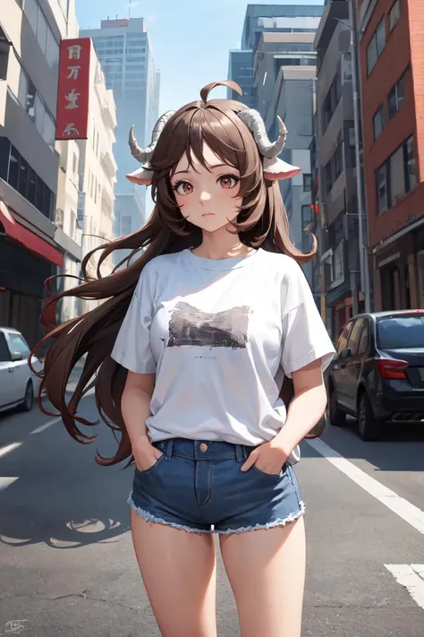 masterpiece, best quality, absurdres, Eyjafjalla, curled horns, long hair, ahoge, t-shirt, denim shorts, standing, outdoors, city, hands in pockets, <lora:CHAR-Eyjafjalla:1>