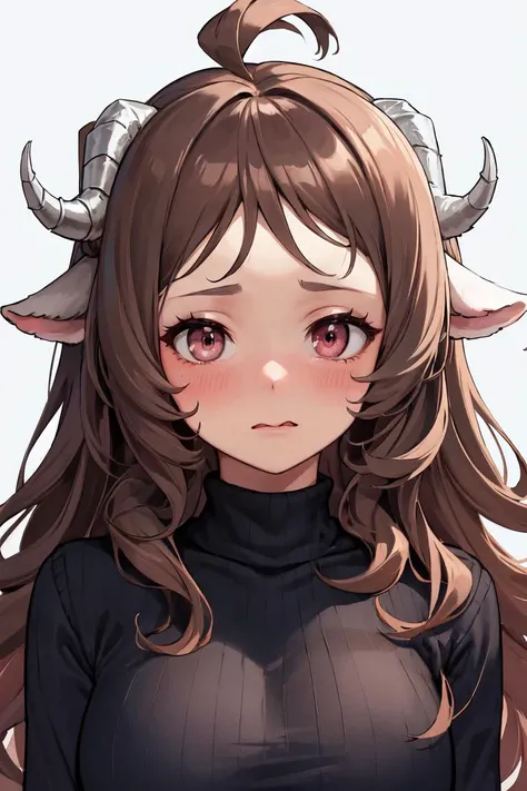 masterpiece, best quality, absurdres, Eyjafjalla, curled horns, ahoge, long hair, upper body, portrait, shy, wavy mouth, blush, wide eyes, embarrassed, turtleneck sweater, <lora:CHAR-Eyjafjalla:1>