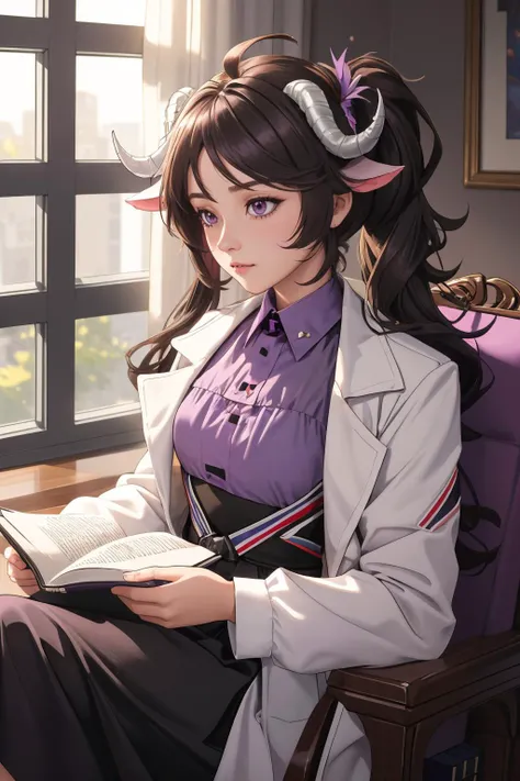 ultra detailed, sharp focus, best quality, masterpiece, colorful, dynamic lighting, <lora:Eyjafjalla:1> Eyjafjalla, EyjafjallaMedic, side ponytail, curled horns, sitting, book in hand, reading, ahoge, white coat, purple shirt, black skirt, black skirt, best quality, masterpiece, intricate details