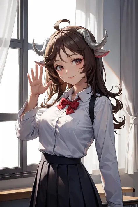 masterpiece, best quality, absurdres, Eyjafjalla, curled horns, ahoge, long hair, classroom, window, school uniform, dress shirt, pleated skirt, waving at viewer, smile, <lora:CHAR-Eyjafjalla:1>