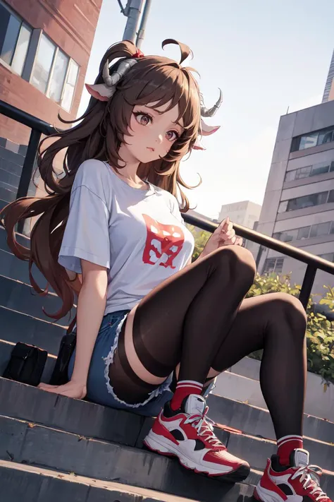 masterpiece, best quality, absurdres, Eyjafjalla, curled horns, ahoge, long hair, graphic tee, denim shorts, pantyhose under shorts, sitting, stairs, outdoors, city, sneakers, dutch angle, wide shot, <lora:CHAR-Eyjafjalla:1>