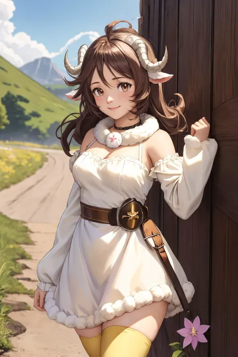 <lora:Eyjafjalla:1.0> Eyjafjalla, curled horns, ahoge, brown hair, smile, lavender eyes, <lora:Aries:0.7> AriesFairyTail, wool hair, medium hair, sheep horns, fur dress, (white dress:1.1), bare shoulders, detached sleeves, fur choker, belt, (yellow thighhighs:1.1)