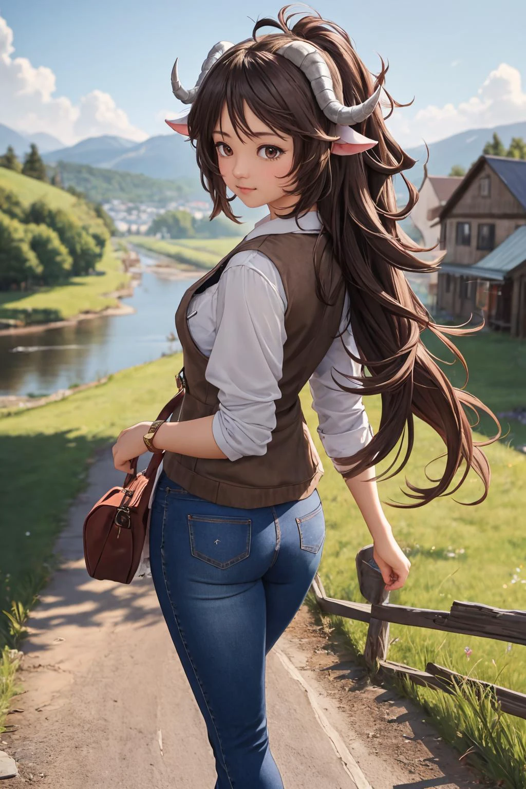 ultra detailed, sharp focus, best quality, masterpiece, colorful, <lora:CHAR-Eyjafjalla:1> Eyjafjalla, curled horns, ahoge, long hair, jeans, brown vest, rural town, full body shot, from behind, walking, looking at the viewer, best quality, masterpiece, intricate details