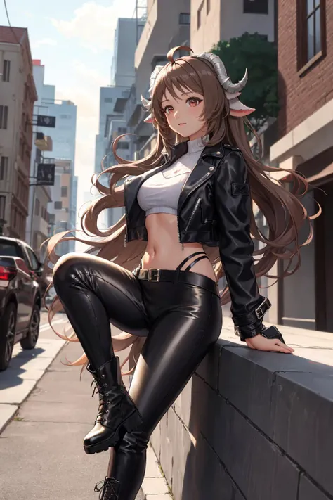 ultra detailed, sharp focus, best quality, masterpiece, dynamic lighting, leather jacket, street background,  <lora:Eyjafjalla:0.8> Eyjafjalla, curled horns, ahoge, long hair, leather pants, high boots, spikes, midriff