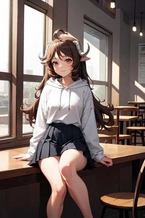 masterpiece, best quality, absurdres, Eyjafjalla, curled horns, ahoge, long hair, sitting, coffee shop, hoodie, pleated skirt, smile, <lora:CHAR-Eyjafjalla:1>