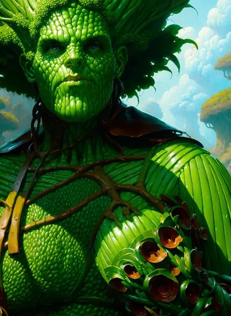 painting of a leafskin man with green skin, masterpiece, high quality, detailed, trending on artstation