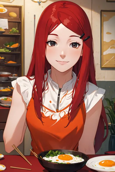 (masterpiece), kushina, 1girl, solo, long hair, looking at viewer, smile, shirt, hair ornament, closed mouth, red hair, food, hairclip, indoors, blurry, grey eyes, blurry background, plate, chopsticks, orange shirt, egg, egg (food), fried egg, <lora:kushina-05:0.8>