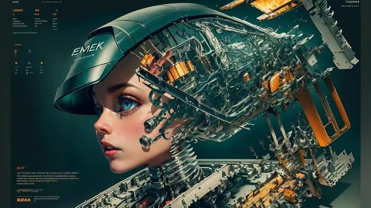 (A semi-mechanical woman's head:1.5),cyborg,((best quality)),((masterpiece:1.2)),(extremely detailed:1.1),(8k, high quality, cinematic, hyper realistic, illustration),(autodesk maya, vray render, ray tracing, hdr),(DSLR, full frame, 16mm focal length, f/4 aperture, dynamic perspective, deep depth of field),<lora:epiNoiseoffset:0.4> (rim lighting, soft lighting, low key),
(extremely detailed 8k wallpaper) Intricate,High Detail,epic,awe-inspiring,masterpiece,museum quality,Showpiece. Style-Info,Poster style dissasembly diagram. blue print,Disassembly diagram,<lora:yushuang:1>,