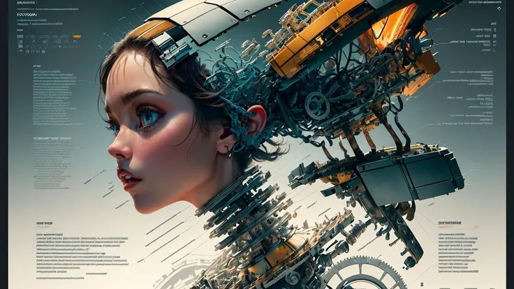 ((best quality)),((masterpiece:1.2)),(A semi-mechanical woman's head:1.5),cyborg,(extremely detailed:1.1),(8k, high quality, cinematic, hyper realistic, illustration),(autodesk maya, vray render, ray tracing, hdr),(DSLR, full frame, 16mm focal length, f/4 aperture, dynamic perspective, deep depth of field),<lora:epiNoiseoffset:0.4> (rim lighting, soft lighting, low key),
(extremely detailed 8k wallpaper) Intricate,High Detail,epic,awe-inspiring,masterpiece,Showpiece. Style-Info,Poster style dissasembly diagram. blue print,Disassembly diagram,<lora:yushuang:1>,
