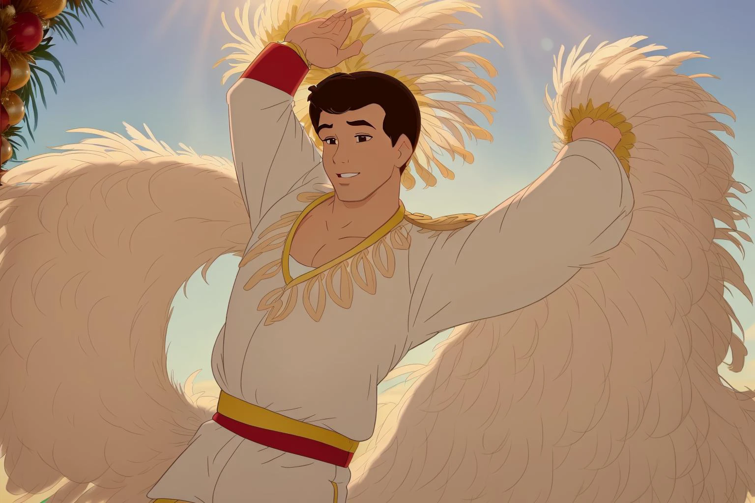 <lora:Prince_C-V1:0.77> Pr1nc3_C,((disney style animation drawing, drawing with dark thick lines)), from waist up
5boys,man, (dancing), (((brazilian carnival outfit with huge feathers)))
<lora:DisneyRenV2:0.1> disneyrenaissance style, (image with very light colors)
las vegas,
